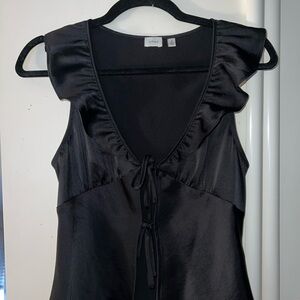 Wilfred Black Satin Tie-Front Ruffle Cap Sleeve Blouse